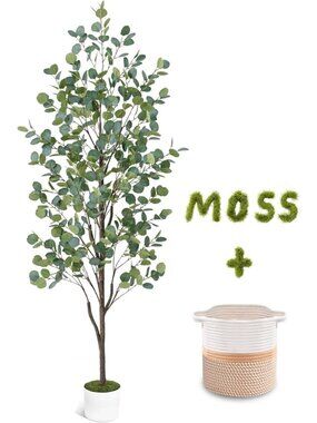 6FT Faux Eucalyptus Tree with Natural Wood Trunk & Planter - Indoor/Outdoor